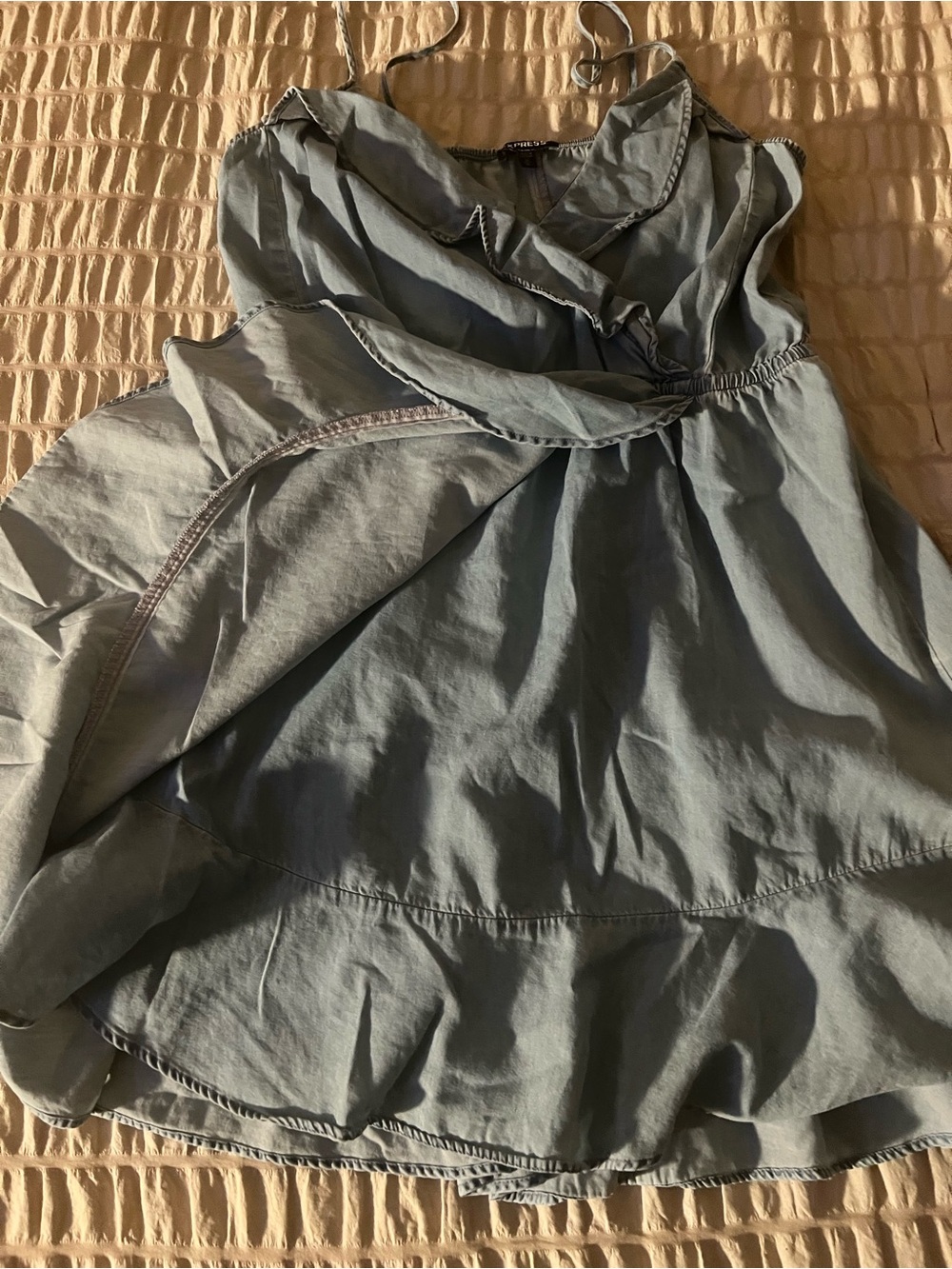 Express Light Blue Ruffle Wrap Mini Dress - Picture 3 of 5